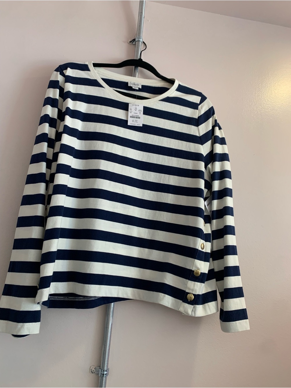 J. Crew Navy and White Striped Long-Sleeve Tee with Gold Buttons
